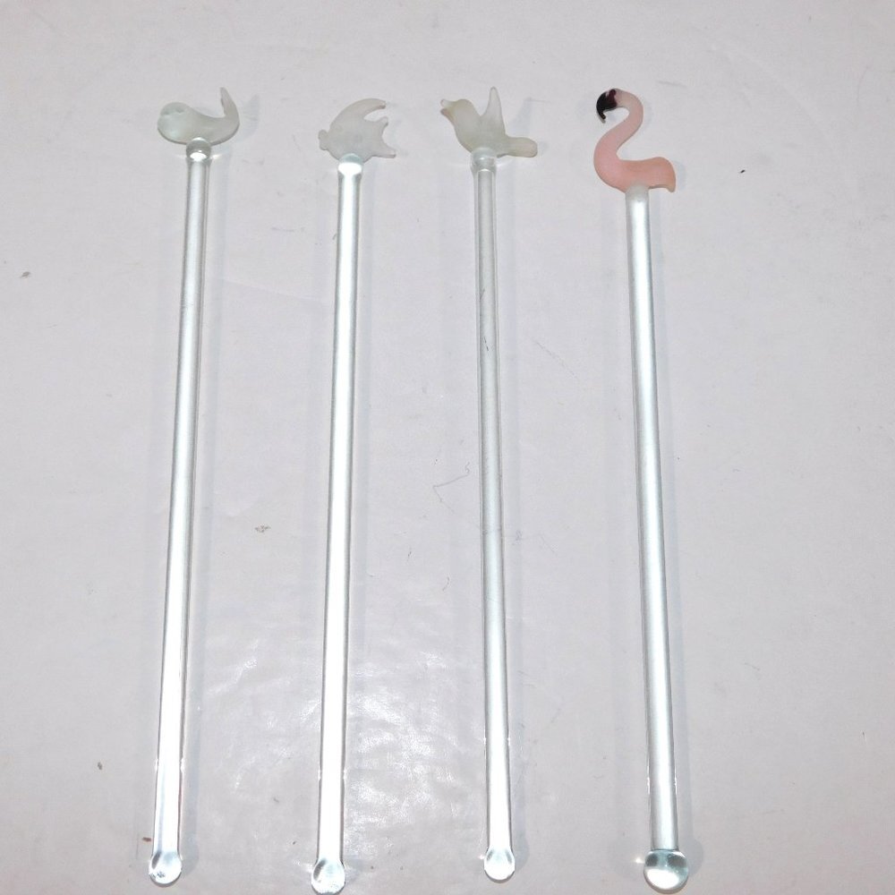 Set 4 Glass Animal Stir Swizzle Stix Whale Flamingo Bird Fish